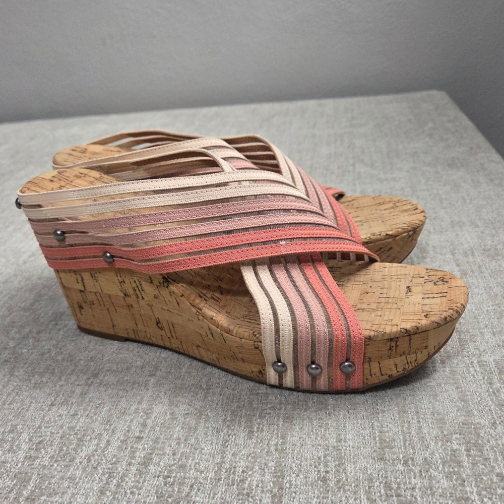 Lucky Brand Women Pink Ombre Elastic Strap Cork Platform Wedge Sandals Size 10M